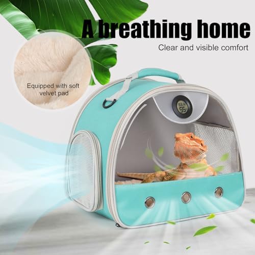 Bearded Dragon Carrier, Reptile Travel Bag with Built-in Thermometer Hygrometer, Breathable Small Animal Carrier with Clear View Window, Portable Guinea Pig Carrier for Gecko, Snake, Hamster