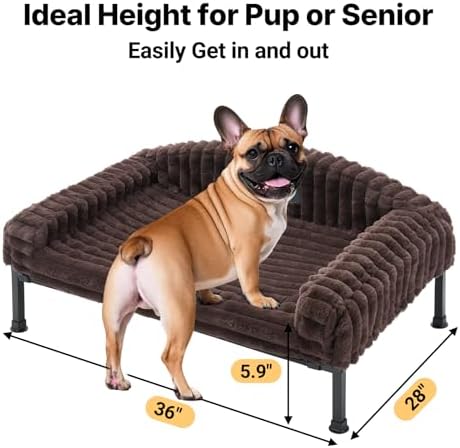 Veehoo Elevated Dog Bed with Bolster Cushion, Fluffy Plush Dog Couch Beds for Small Dogs, Cats, Washable Raised Pet Cot with Non-Slip Feet for Indoor or Patios Use, 36 x 28 Inches, Brown