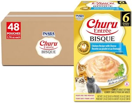 INABA Churu Entrée Bisque for Cats, High Protein & Moisture, Prebiotic Wet Cat Food, 1.76oz. per Serving, 48 Pouches, Chicken with Cheese Recipe