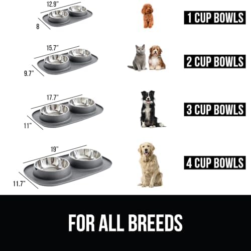 GORILLA GRIP Dog Bowl Set with Feeding Mat, 304 Stainless Steel, 3 Cup Gray