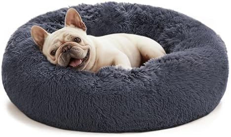 Love's cabin Calming Cat Bed for Indoor Cats, Anti-Anxiety Donut Round Dog Bed, Fluffy Faux Fur Washable Pet Bed for Small Medium Dogs and Cats, Bluish Grey, 20in
