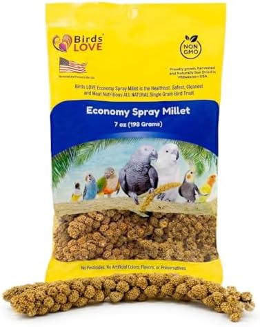 Birds LOVE Economy Spray Millet for Birds, 7 oz, GMO-Free Natural Millet Spray Treat, Stem-Reduced Edible Tops, Grown in USA, for Parakeets, Cockatiels, Lovebirds, Finches, Canaries & Small Parrots