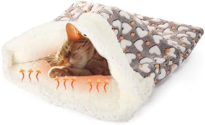 Self Heating Cat Sleeping Bag for Indoor Cats, Gray, Heart