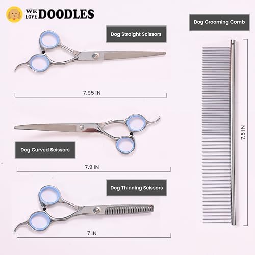 Dog Grooming Scissors Kit, Curved, Straight & Thinning Shears Set, Silver
