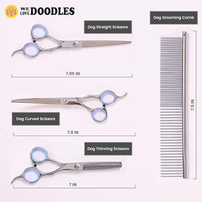 Dog Grooming Scissors Kit, Curved, Straight & Thinning Shears Set, Silver