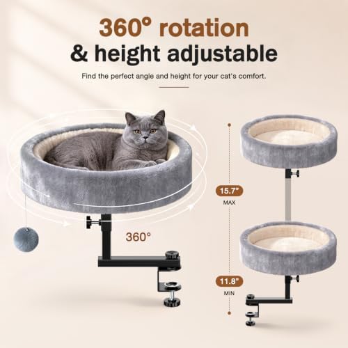 Chumajor Cat Desk Bed, 360° Rotating & Adjustable Cat Bed, 50 lbs, Grey