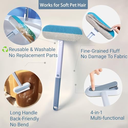 14" Long Handle Pet Hair Remover for Furniture & Couch, Reusable Cat Dog Fur Cleaner Tool for Carpet, Car Seat