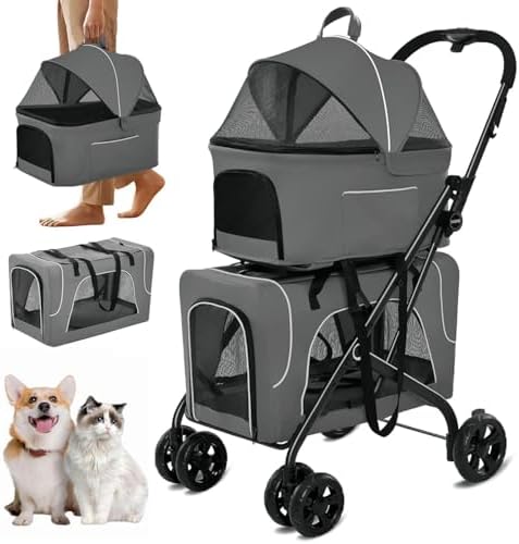 Double Dog Stroller, Foldable 3-in-1 Cat Strollers with 2 Detachable Carriers, Safety Belt, Washable Cover, Removable Pads, 4 Wheels Travel Pet Stroller for Small Medium Dogs(Grey)