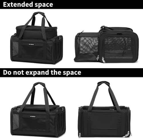 Airline Approved Pet Carrier for Cats and Small Dogs up to 15 lbs, Breathable Mesh, Portable Travel Bag for Bearded Dragon, Puppies Animal Hangbag, Rabbit Cage (Black, Expandable)