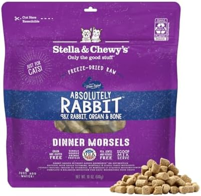 Stella & Chewy's Freeze-Dried Raw Cat Dinner Morsels - Premium Rabbit Recipe with 98% Responsibly-Sourced Meat & Organs - Natural Grain-Free Cat & Kitten Food - Made in USA - 18oz