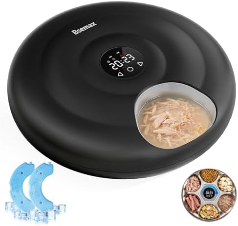 Automatic Wet Food Cat Feeder 6 Meal with Stainless Steel Tray, Auto Refrigerated Wet Foods Feeder for Cats Dogs, Programmable Timed Fresh Foods Dispenser with 2 Ice Packs for Kitty Puppy Cat Dog