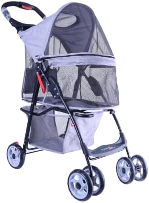 Full-Window pet Stroller 4 Wheels for Cats & Dogs, with Storage Basket,Cup Holder, Travel Puppy/Cats Stroller.Gray