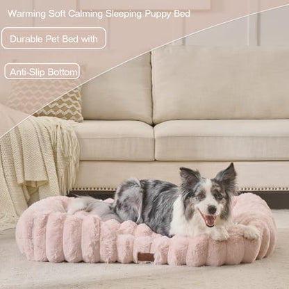 Luxury Dog Beds,Large Sized Dog Washable Furry Pet Beds,Comfort Rectangle Pet Sofa Couch with Ultra,Puppy Beds with Removable Zipper Cover,30x25x7.5inches,Blush Pink