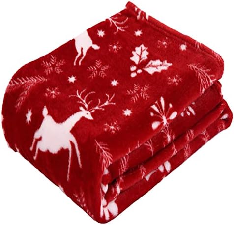 Elegant Comfort Velvet Touch Ultra Plush Christmas Holiday Printed Fleece Throw/Blanket-50 x 60inch, (Burgundy Reindeer)