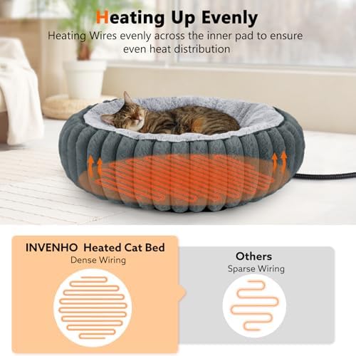 INVENHO Heated Cat Beds for Indoor Cats and Small Dogs, 24" Cozy Donut Heated Pet Bed with Timer & Temp Adjustable, Removable Waterproof Electric Warming Bed for Indoor Cat