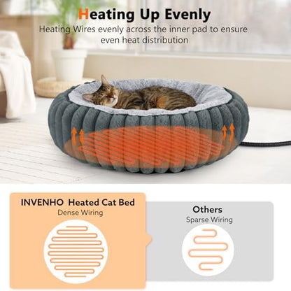 INVENHO Heated Cat Beds for Indoor Cats and Small Dogs, 24" Cozy Donut Heated Pet Bed with Timer & Temp Adjustable, Removable Waterproof Electric Warming Bed for Indoor Cat