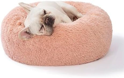 SAVFOX 23 inches Calming Donut Dog Bed - 3X Durable Plush Faux Fur, Machine Washable & Non-Slip, Fits up to 25 lbs, Pink