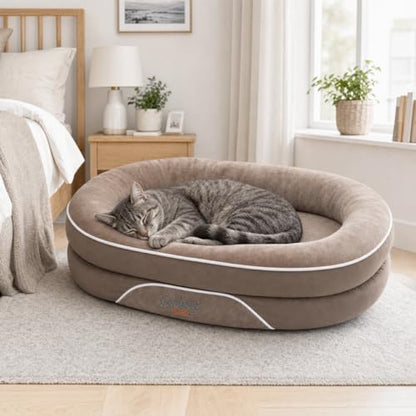 Orthopedic Dog Bed with Calming Bolster Sides, Faux Fur Interior, Non-Slip Base, Taupe and Beige, for Medium and Large Dogs