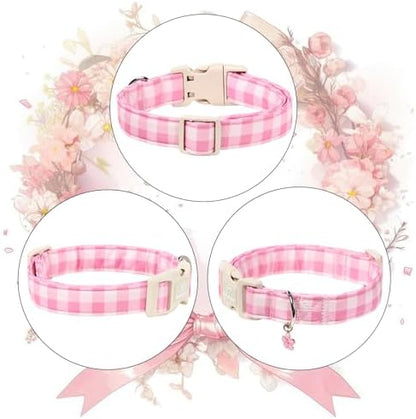 Girl Dog Collar Pink Gingham Dog Collars for Large Dogs - Lightweight Adjustable Spring/Summer Plaid Male Female Dogs Everyday Collar with Safety Buckle L