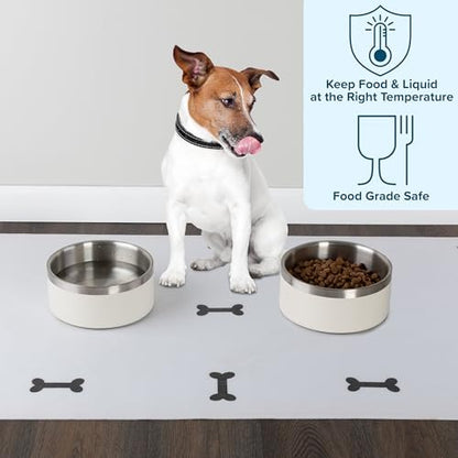 Set of 2 Stainless Steel Dog Bowls - 64oz/8 Cups Double Wall Insulated Food and Water Bowls for Dogs and Cats, Non Slip Metal Pet Dishes for Medium-Large Pets, Puppy Essentials by PETMAKER (Cream)