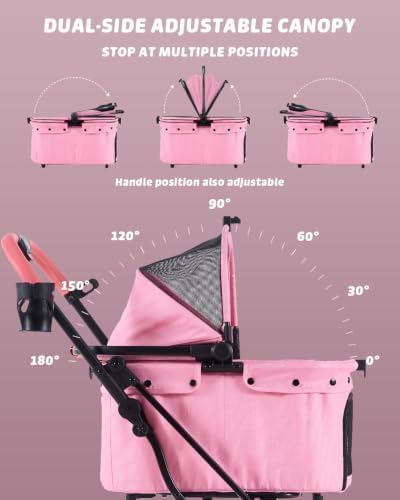 797Audio Dog Cat Stroller for Small Medium Pets,3-in-1 Foldable Pet Stroller with Detachable Carrier,Car Seat,One Click Folding,All-Terrain 4 Wheels,Adjustable Canopy with Sun Shades,Max 121lbs(Pink)