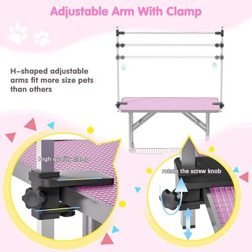 Lyromix 42'' Stainless Steel Pet Dog Grooming Table, Arm/Noose/Tray, Pink