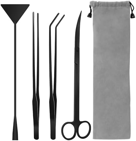 Aquarium Aquascape Tools Kit, 4 in 1 Anti-Rust Aquatic Plant Aquascaping Tool Stainless Steel Black Tweezers Scissors Spatula for Aquarium Tank Clean Fish Tank Aquascape Tools Sets (Black)