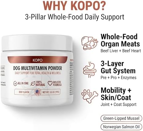 Kopo Dog Multivitamin Powder | Supports Heart, Daily Vitality, Immunity, Digestion, Skin & Coat and Hip & Joint | Dog Vitamins from Real Foods | Beef Flavor | All Breeds | Made in USA | 66 Scoops