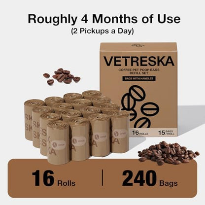 VETRESKA Dog Poop Bags with Handles 240 Count, Coffee Scented Waste Bags