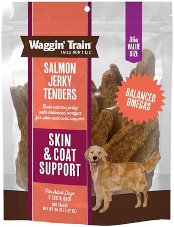 Waggin' Train Salmon Jerky Dog Treats for Skin and Coat Support, Made with 100% Real Salmon, No Grains and No Artificial Flavors or Colors, High Protein Dog Treat, Easily Digestible, 36 oz. Pouch