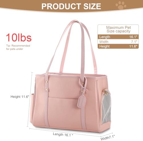 Fashion Dog Carrier Purse, Premium Leather Cat Carrier Bag, Airline Approved Soft Sided Pet Travel Tote Bag with Pockets Pink