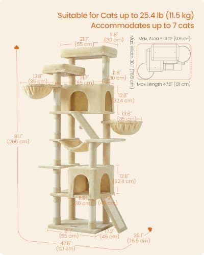 Feandrea Large Cat Tree, 81.1" Tall Sturdy Cat Tower for Indoor, Beige