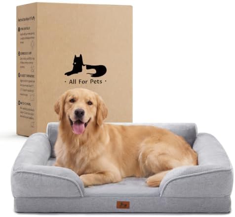 Orthopedic Dog Beds for Large Dogs, Waterproof XL Pet Couch Bed with Soft Sides, Washable Dog Sofa with Flannel Removable Cover, 42" L Supportive Egg-Crate Foam Pet Sofa, Light Grey