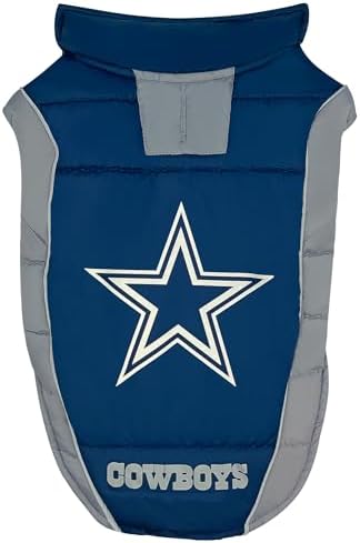 NFL Dallas Cowboys Puffer Vest for Dogs & Cats, Size Small. Warm, Cozy, and Waterproof Dog Coat, for Small and Large Dogs/Cats. Best NFL Licensed PET Warming Sports Jacket