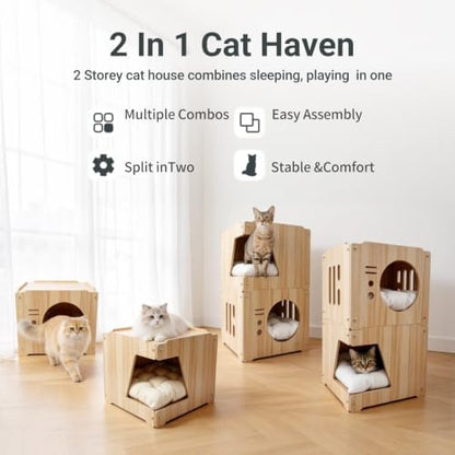 Large 2double-Deck Cat Fort with Mat for Pet Cat Cave for Indoor Cats Cat House for Multi Pet Large Kitten Kitty Cat Bed Wooden Style 15 * 15 * 30 inches(cat shlter 2layer with mat White)
