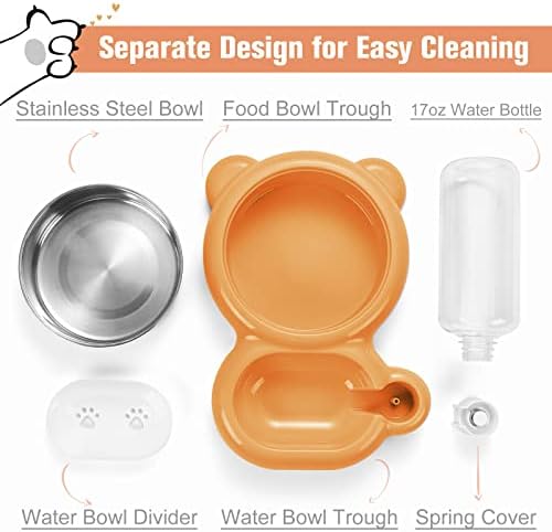 Dog Bowls, Cat Food and Water Bowl Set with Water Dispenser and Stainless Steel Bowl for Cats and Small Dogs - Orange
