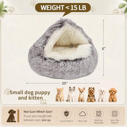 ShinHye Cozy Cat Bed - Round Plush Fluffy Hooded Cave, Indoor/Outdoor, Waterproof & Washable (20x20inch, Coffee)