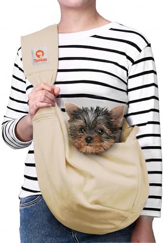 Tomkas Small Dog Sling Carrier - Zipper Pocket & Adjustable Strap - for 3-10 lbs Pets(Cream)