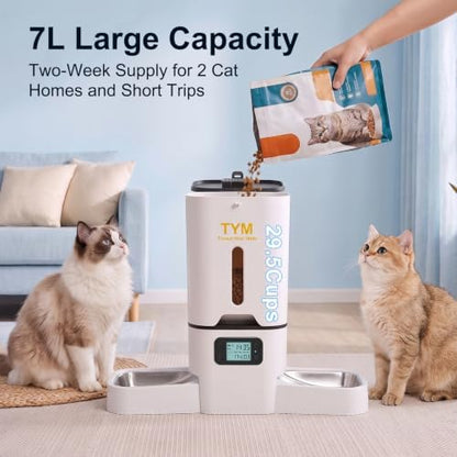 TYM Automatic Cat Feeder 2 Cats,7L Timed Cat Food Dispenser with Dual Bowls