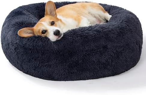 SAVFOX 30 inches Calming Donut Dog Bed - 3X Durable Plush Faux Fur, Machine Washable & Non-Slip, Fits up to 45 lbs, Dark Grey