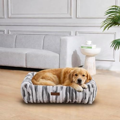 Modern Threads Ribbed Plush Two-Tone Cuddler Dog Bed, Ultra-Soft Faux Rabbit Fur, Supportive Bolstered Sides, Removable Washable Cover, Bed for Medium to Large Dogs, Silver, (34" L x 25" W x 9" Th)