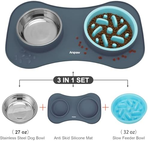 Slow Feeder Dog Bowls 3 in 1 Stainless Steel Food Water Bowl to Slow Eating