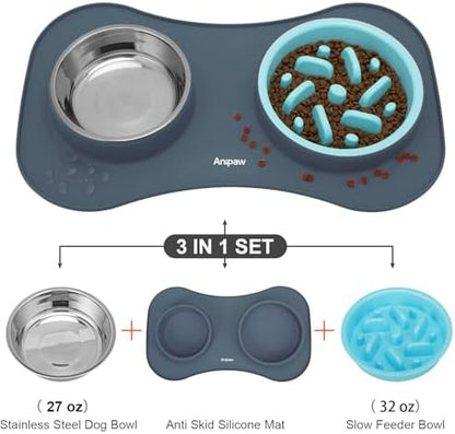 Slow Feeder Dog Bowls 3 in 1 Stainless Steel Food Water Bowl to Slow Eating