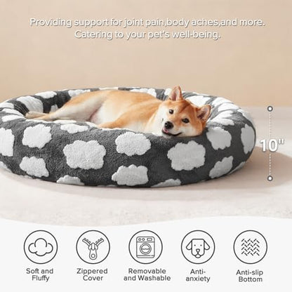 JOEJOY Jacquard Donut Round Dog Beds Large Sized Dog,Grey 36x36x8in, Removable Washable Cover, Cute Pattern, Ultra Soft Fluffy Calming Pet Bed with Thick Supportive Bolster