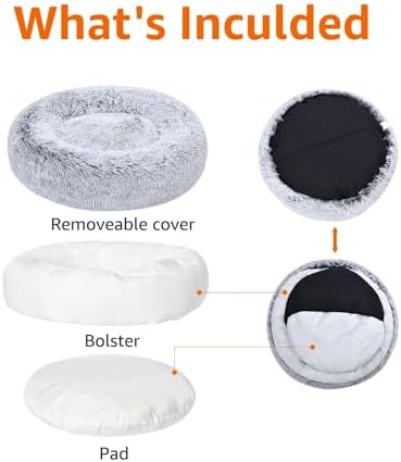 Amazon Basics Washable Donut Pet Bolster Faux Fur Bed with Removable Cover, Anti-Slip Bottom for Dog, Grey, 45" x 45"