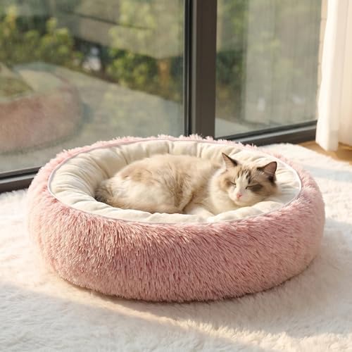 Calming Donut Pet Bed, Fluffy Long Fur Outer & Short Fur Inner, Sweat-Free & Cozy, Non-Slip Bottom, for Small Medium Dogs, Cats, Puppies & Kittens (Pink, 23.6 in)