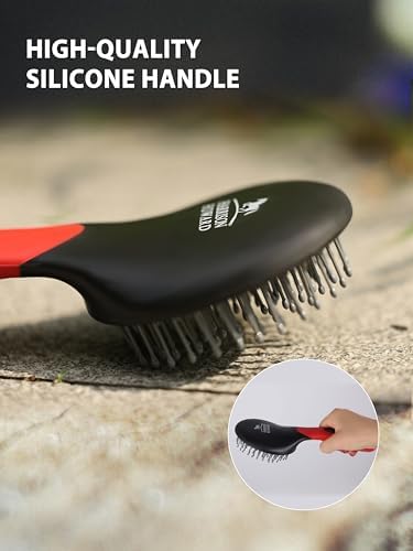 Harrison Howard Horse Grooming Kit, 7 Piece Horse Brush Set with Curry Comb, Hoof Pick, Sweat Scraper & Bag Red