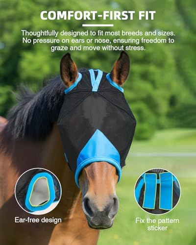 Hilltown Durable Fly Mask for Horses Without Ears - Full, Blue
