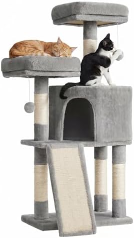 SONGMICS HOME Cat Tree, Cat Tower with Cat Cave, Scratching Ramp, Sisal Scratching Posts, Multi-Level Cat Condo for Indoor Cats, Light Gray
