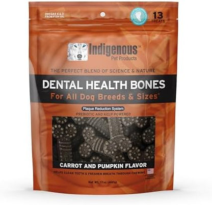 Indigenous Pet Dental Health Bones - Carrot & Pumpkin (17 oz) | Grain-Free Dog Dental Chews with Prebiotics & Omegas | Cleans Teeth, Freshens Breath & Supports Digestion